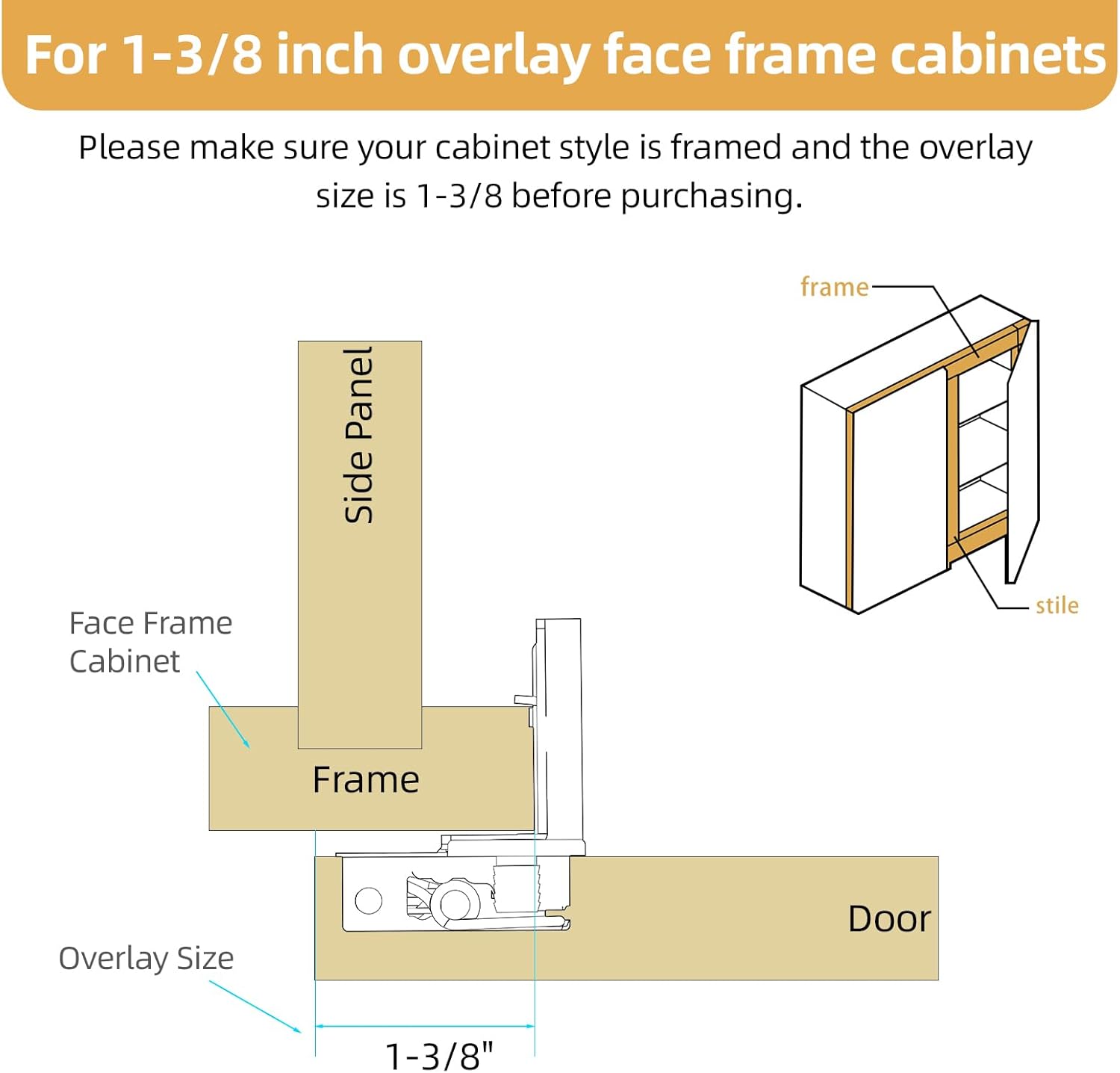 Furniware 105 Degree Non-Soft Close 1-3/8 inch Overlay Regular Hinges for Face Frame Cabinet - Furniware