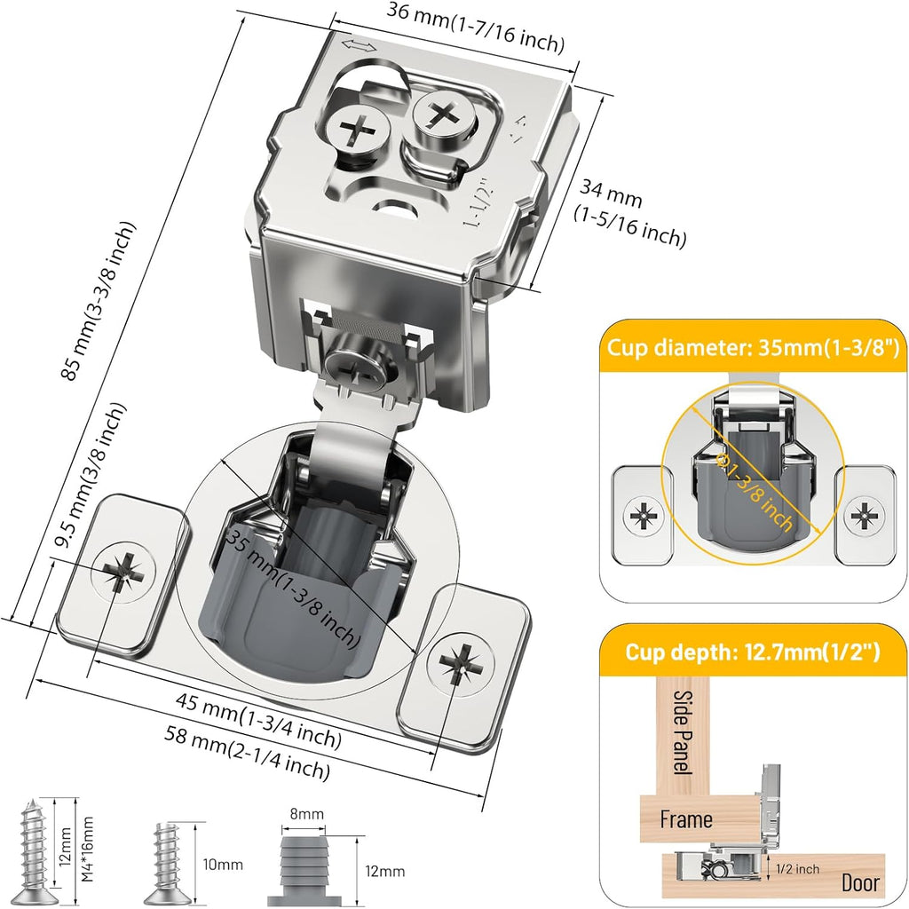 Furniware 1-1/2 inch Overlay Soft Close 3 Way Adjustability Hinges for Face Frame Cabinet - Furniware