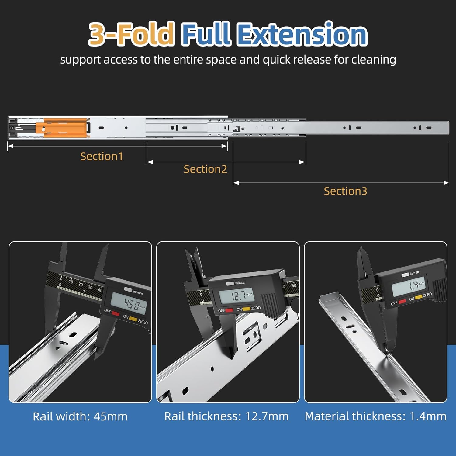Furniware 100 LB Capacity Soft Close Drawer Slides Side Mount 3 Fold Full Extension Ball Bearing Drawer Glides Quiet Smooth Close - Furniware