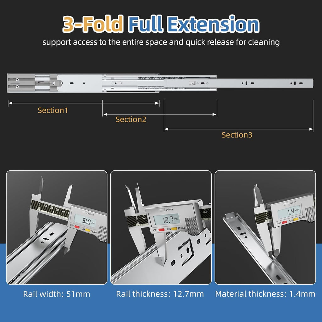 Furniware 1 Pair 165 LB Capacity Drawer Slides Side Mount Full Extension Ball Bearing Drawer Glides, Quiet Cabinet Rail - Furniware