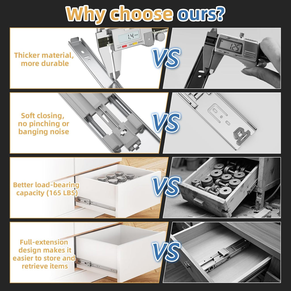 Furniware 1 Pair 165 LB Capacity Drawer Slides Side Mount Full Extension Ball Bearing Drawer Glides, Quiet Cabinet Rail - Furniware