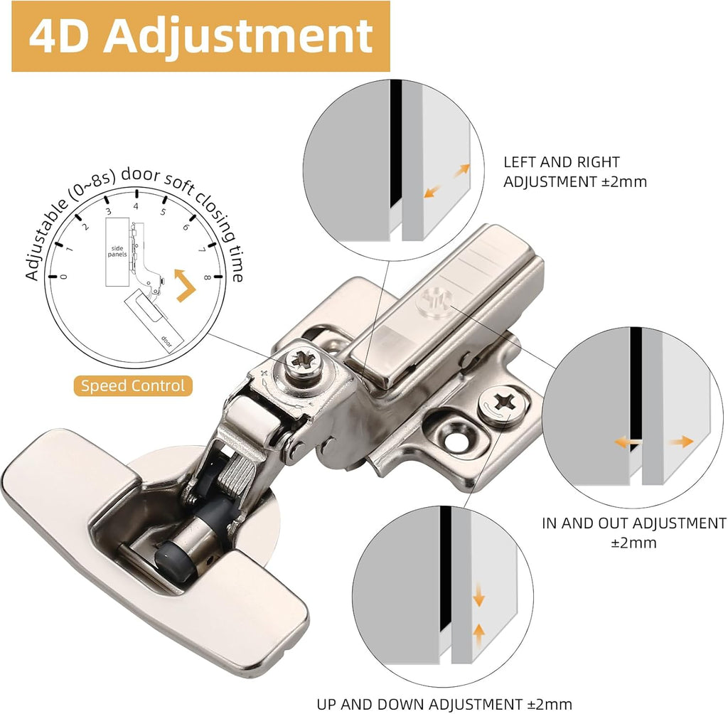 Furniware 45~110 Degree Frameless Inset Soft Close Speed Control 4D Adjustment European Clip-On Cabinet Hinges - Furniware