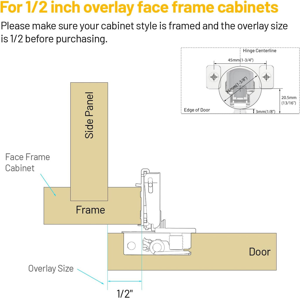 Furniware 1/2 inch Overlay Soft Close 3 Way Adjustability Hinges for Face Frame Cabinet - Furniware