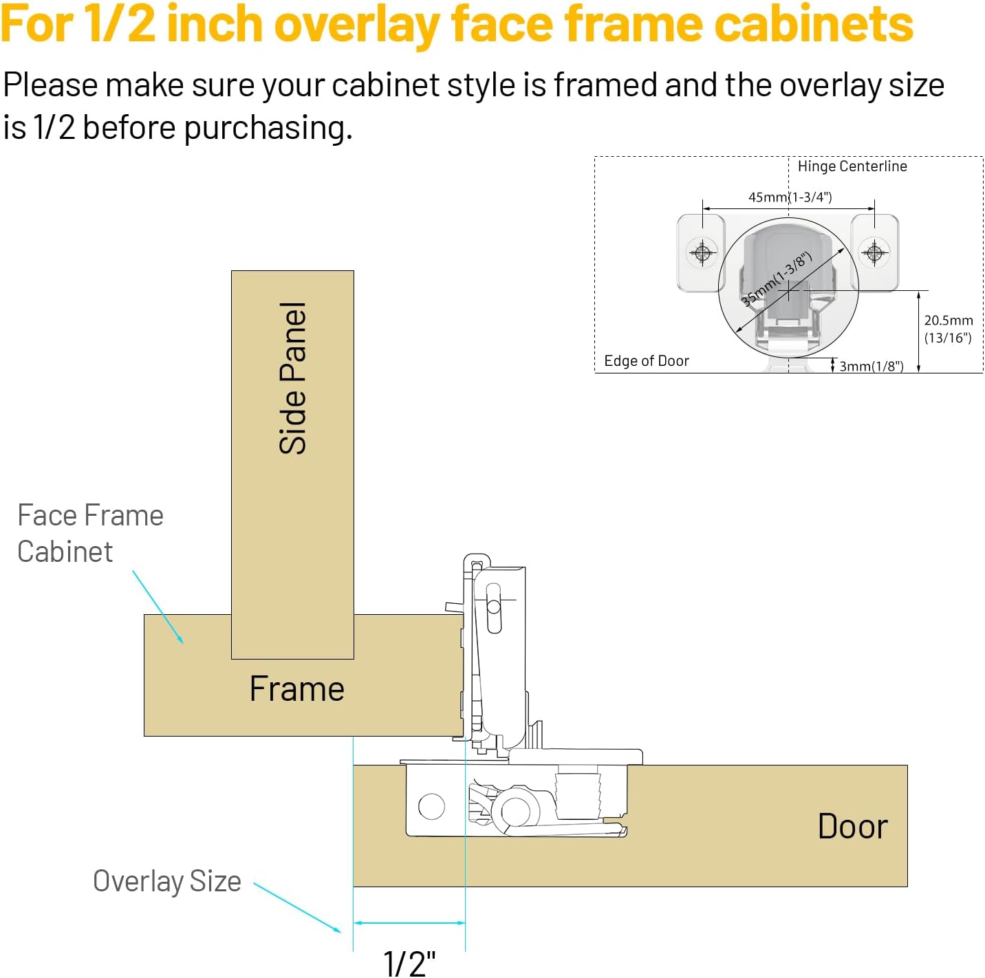 Furniware 1/2 inch Overlay Soft Close 3 Way Adjustability Hinges for Face Frame Cabinet - Furniware