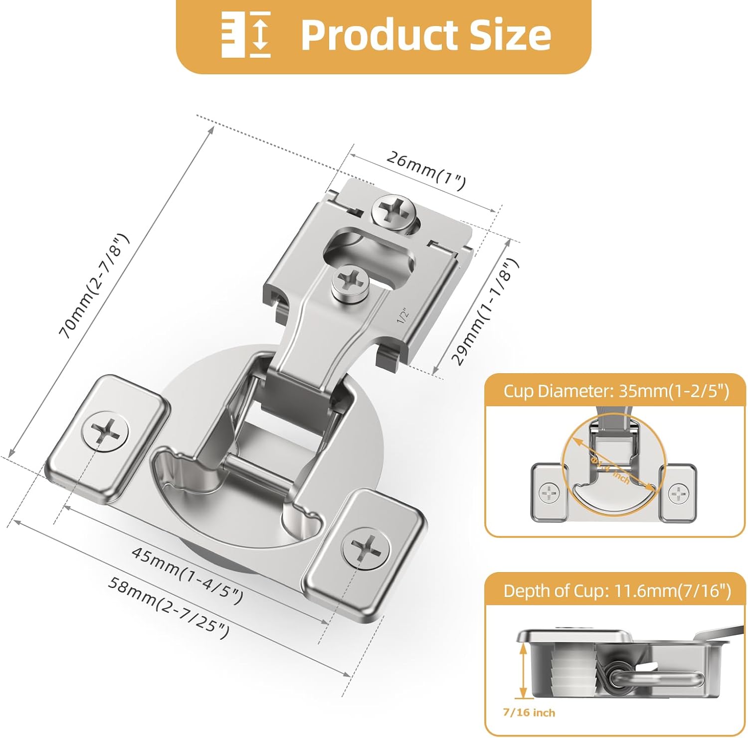 Furniware 105 Degree Non-Soft Close 1/2 inch Overlay Regular Hinges for Face Frame Cabinet - Furniware