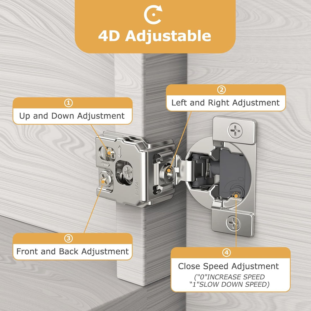 Furniware 105-Degree 1-5/16 Inch Closing Speed Control Overlay Soft Close 4D Adjustment Cabinet Hinge - Furniware