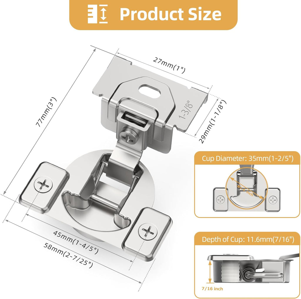 Furniware 105 Degree Non-Soft Close 1-3/8 inch Overlay Regular Hinges for Face Frame Cabinet - Furniware