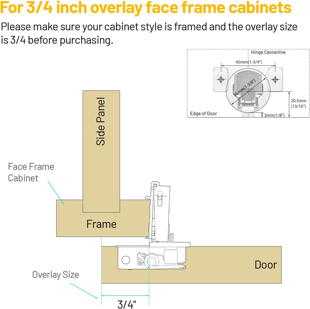 Furniware 3/4 inch Overlay Soft Close 3 Way Adjustability Hinges for Face Frame Cabinet - Furniware