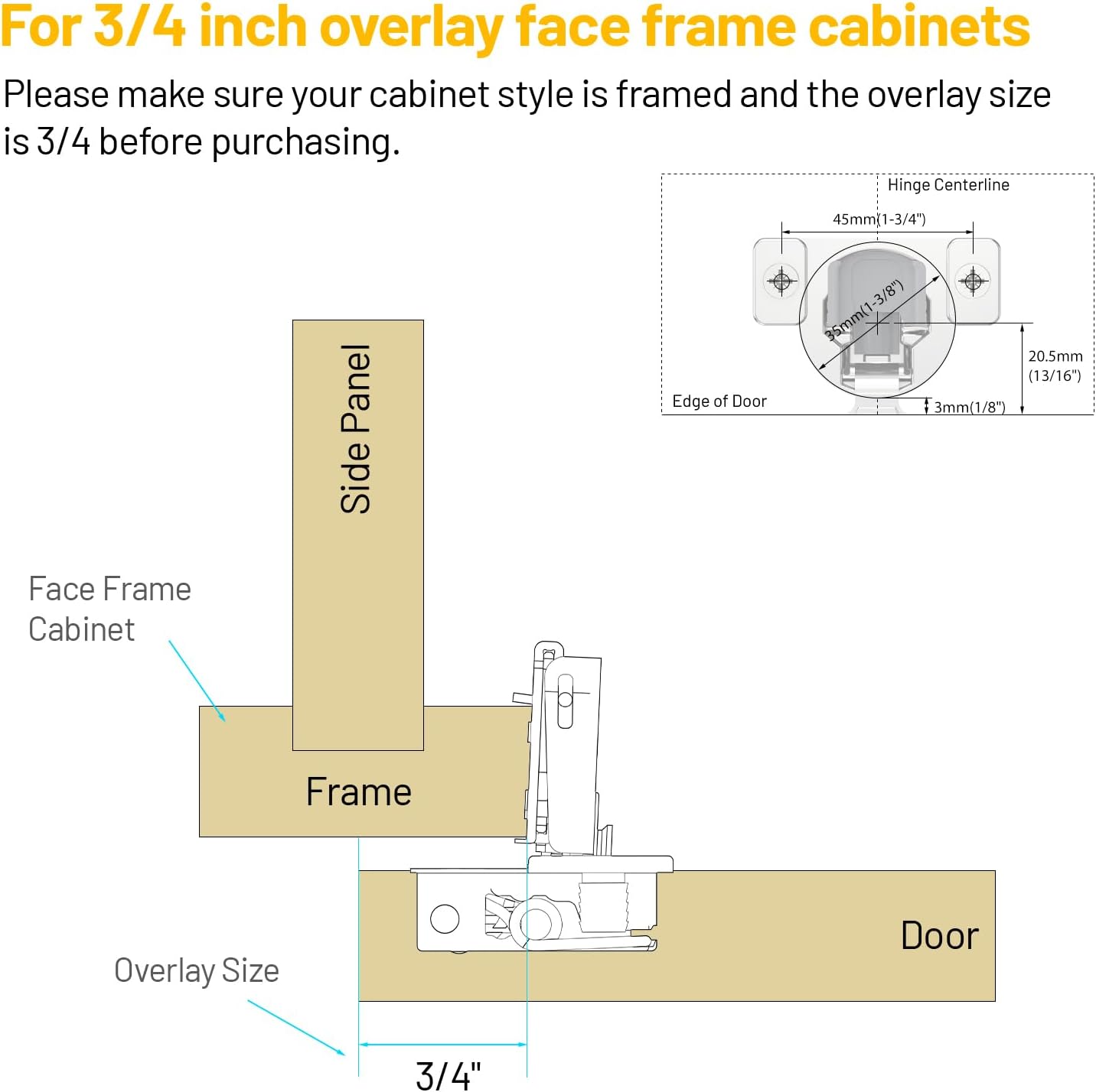 Furniware 3/4 inch Overlay Soft Close 3 Way Adjustability Hinges for Face Frame Cabinet - Furniware