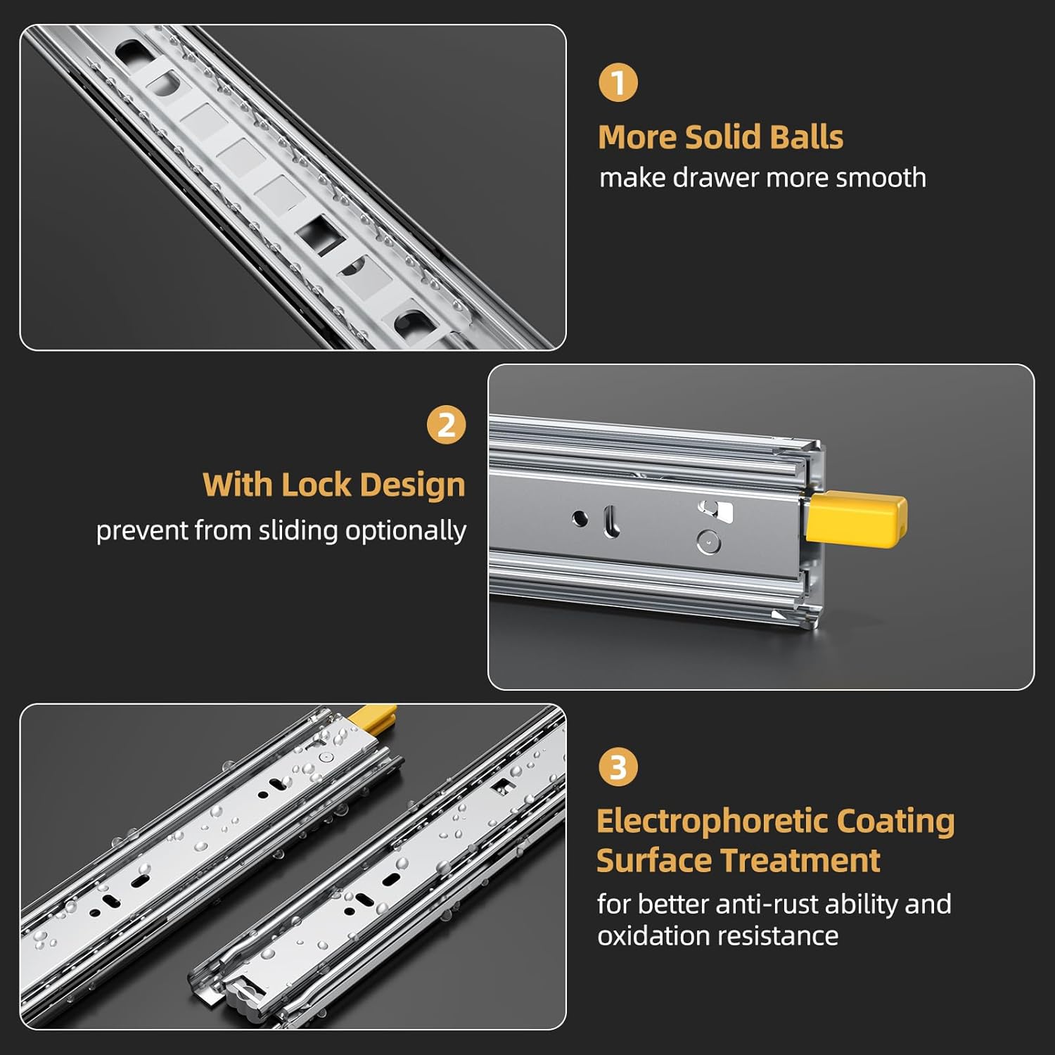 Furniware 1 Pair 165 LB Capacity Drawer Slides Side Mount Full Extension Ball Bearing Drawer Glides, Quiet Cabinet Rail - Furniware