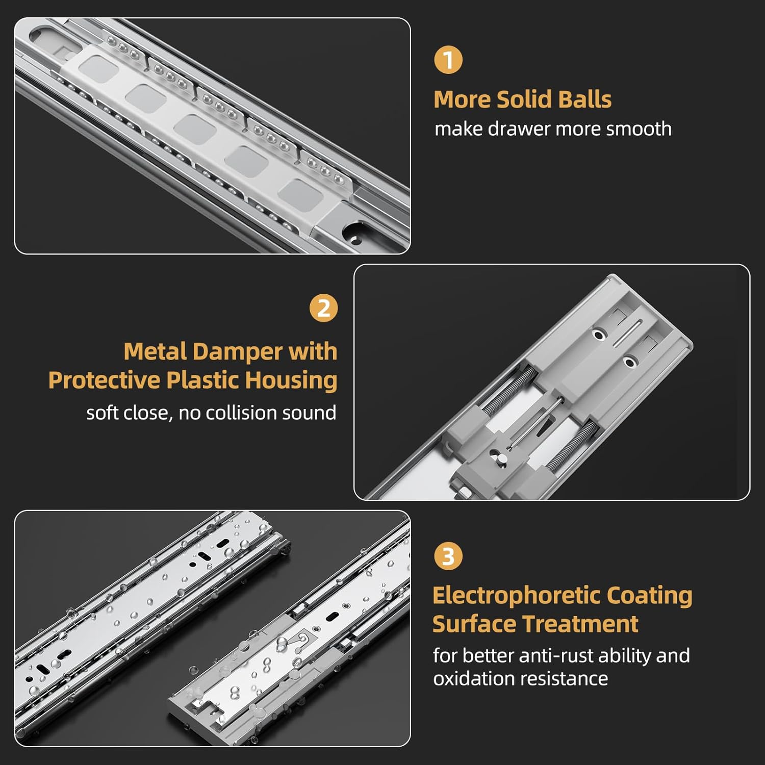 Furniware 1 Pair 165 LB Capacity Drawer Slides Side Mount Full Extension Ball Bearing Drawer Glides, Quiet Cabinet Rail - Furniware