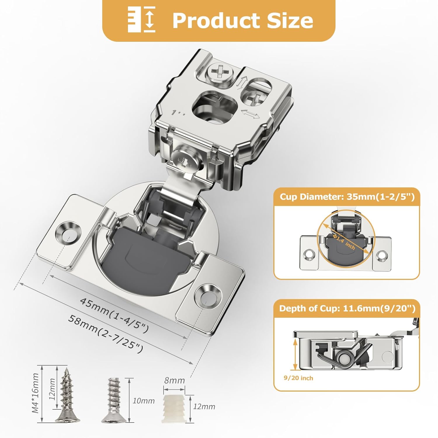 Furniware 105-Degree 1 Inch Overlay Soft Close Stainless Steel Cabinet Hinges - Furniware