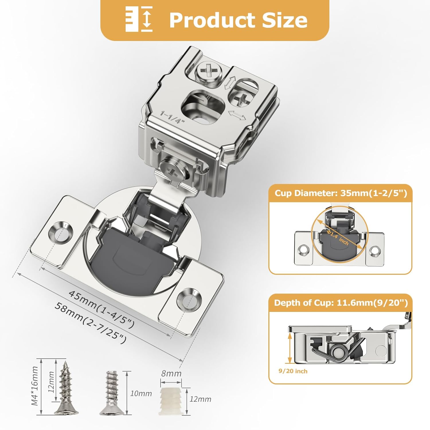 Furniware 105-Degree 1-1/4 Inch Overlay Soft Close Stainless Steel Cabinet Hinges - Furniware