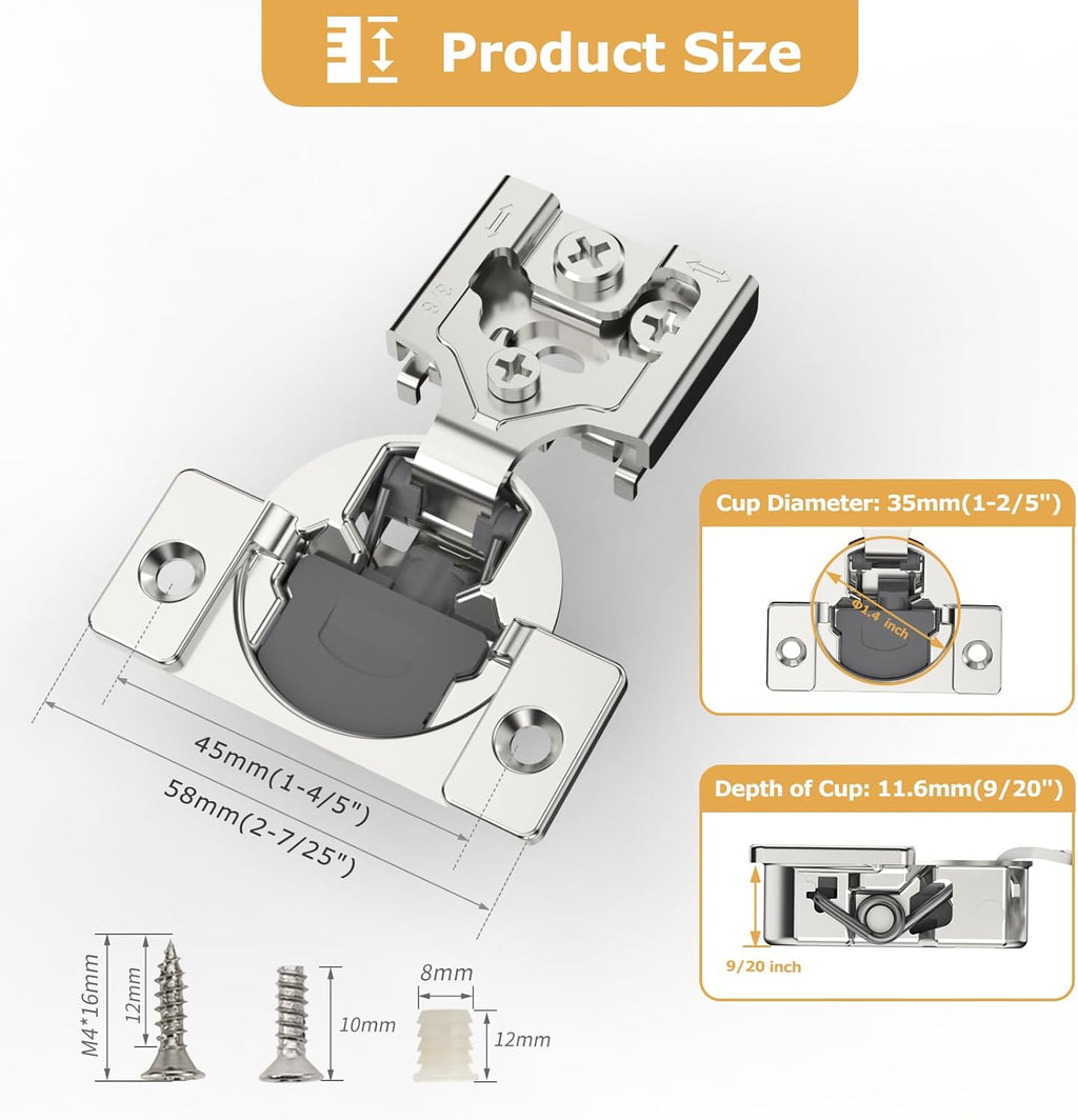 Furniware 105-Degree 3/8 Inch Overlay Soft Close Stainless Steel Cabinet Hinges - Furniware