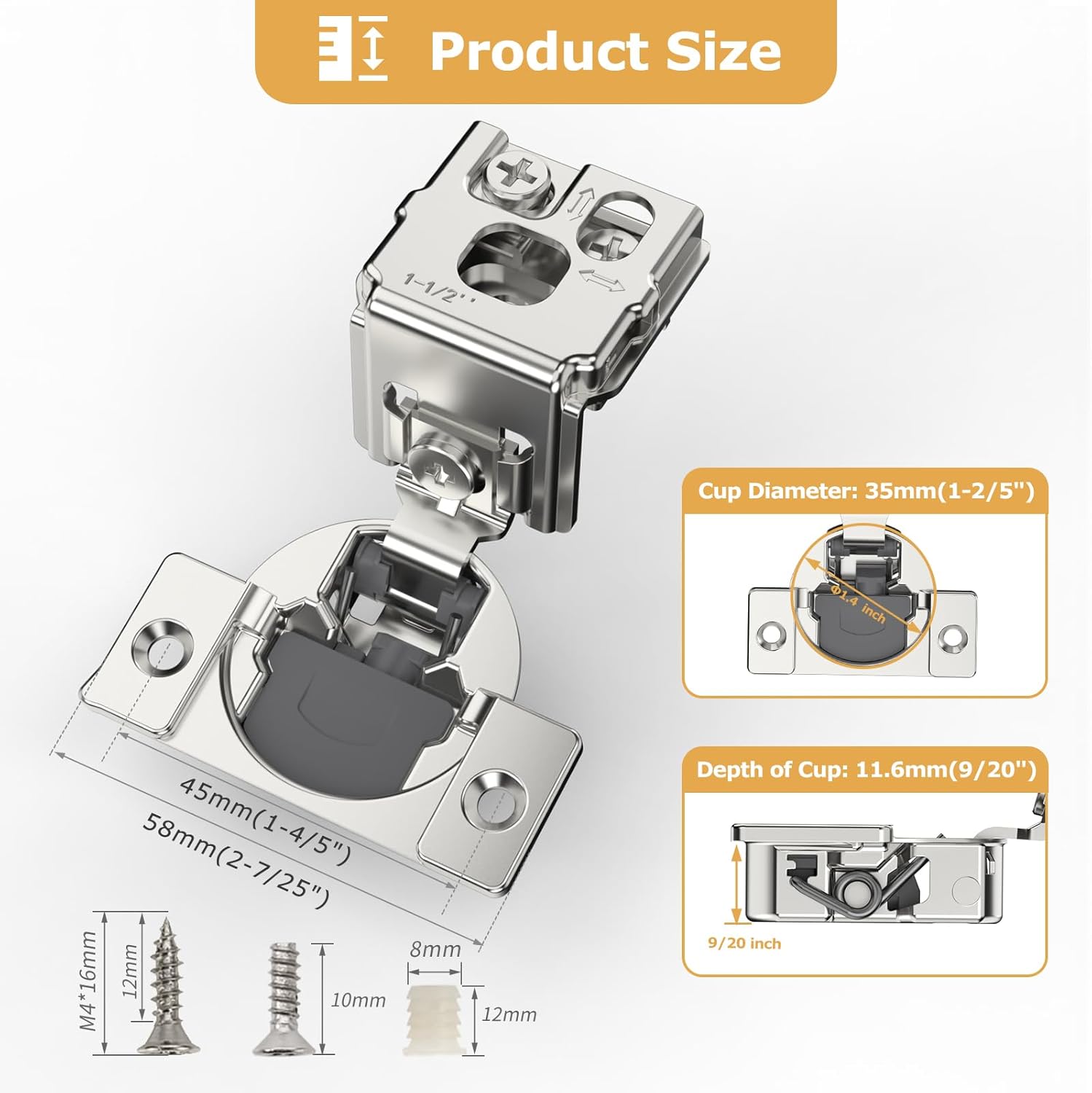 Furniware 105-Degree 1-1/2 Inch Overlay Soft Close Stainless Steel Cabinet Hinges - Furniware