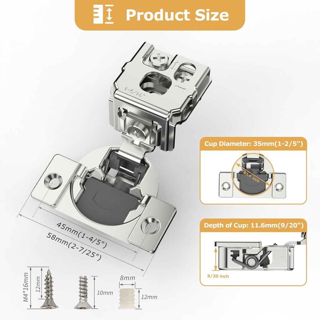 Furniware 105-Degree 1-5/16 Inch Overlay Soft Close Stainless Steel Cabinet Hinges - Furniware