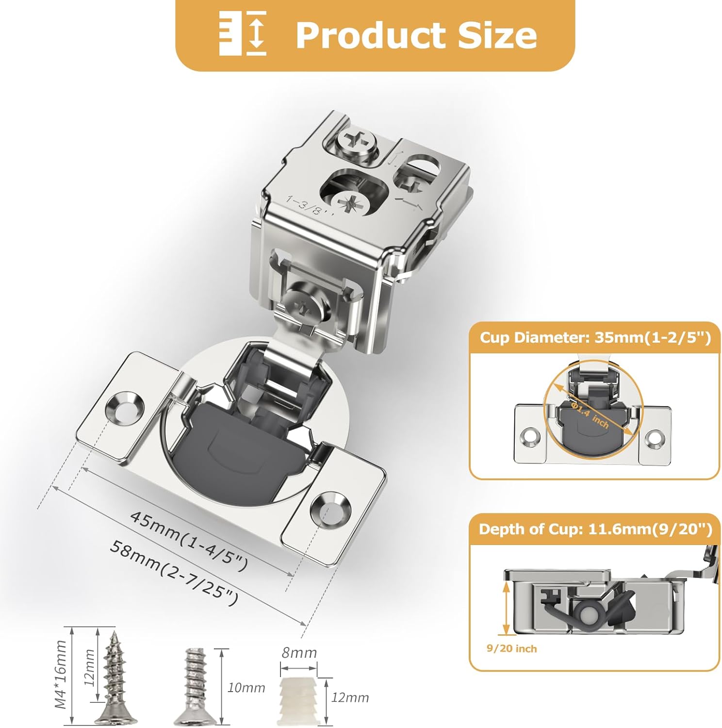Furniware 105-Degree 1-3/8 Inch Overlay Soft Close Stainless Steel Cabinet Hinges - Furniware