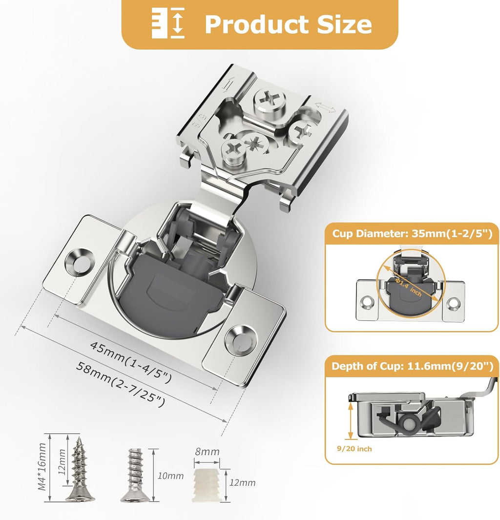 Furniware 105-Degree 5/8 Inch Overlay Soft Close Stainless Steel Cabinet Hinges - Furniware