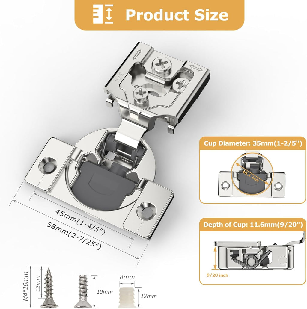 Furniware 105-Degree 3/4 Inch Overlay Soft Close Stainless Steel Cabinet Hinges - Furniware