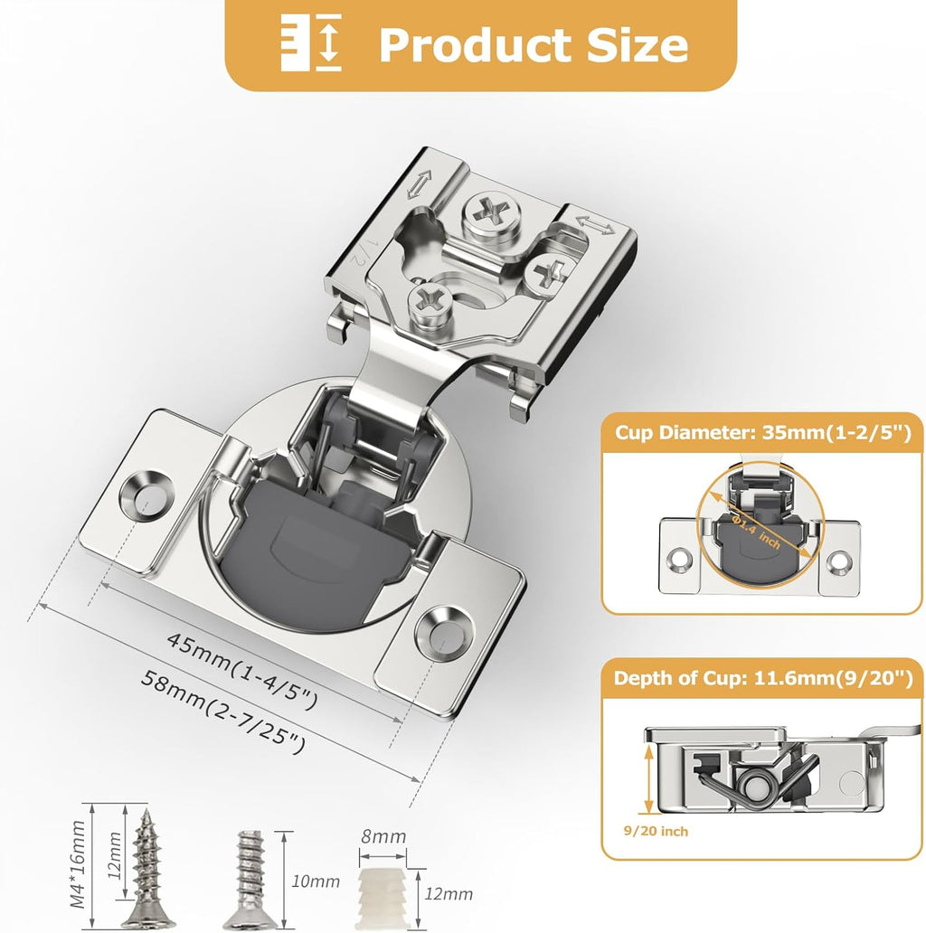 Furniware 105-Degree 1/2 Inch Overlay Soft Close Stainless Steel Cabinet Hinges - Furniware