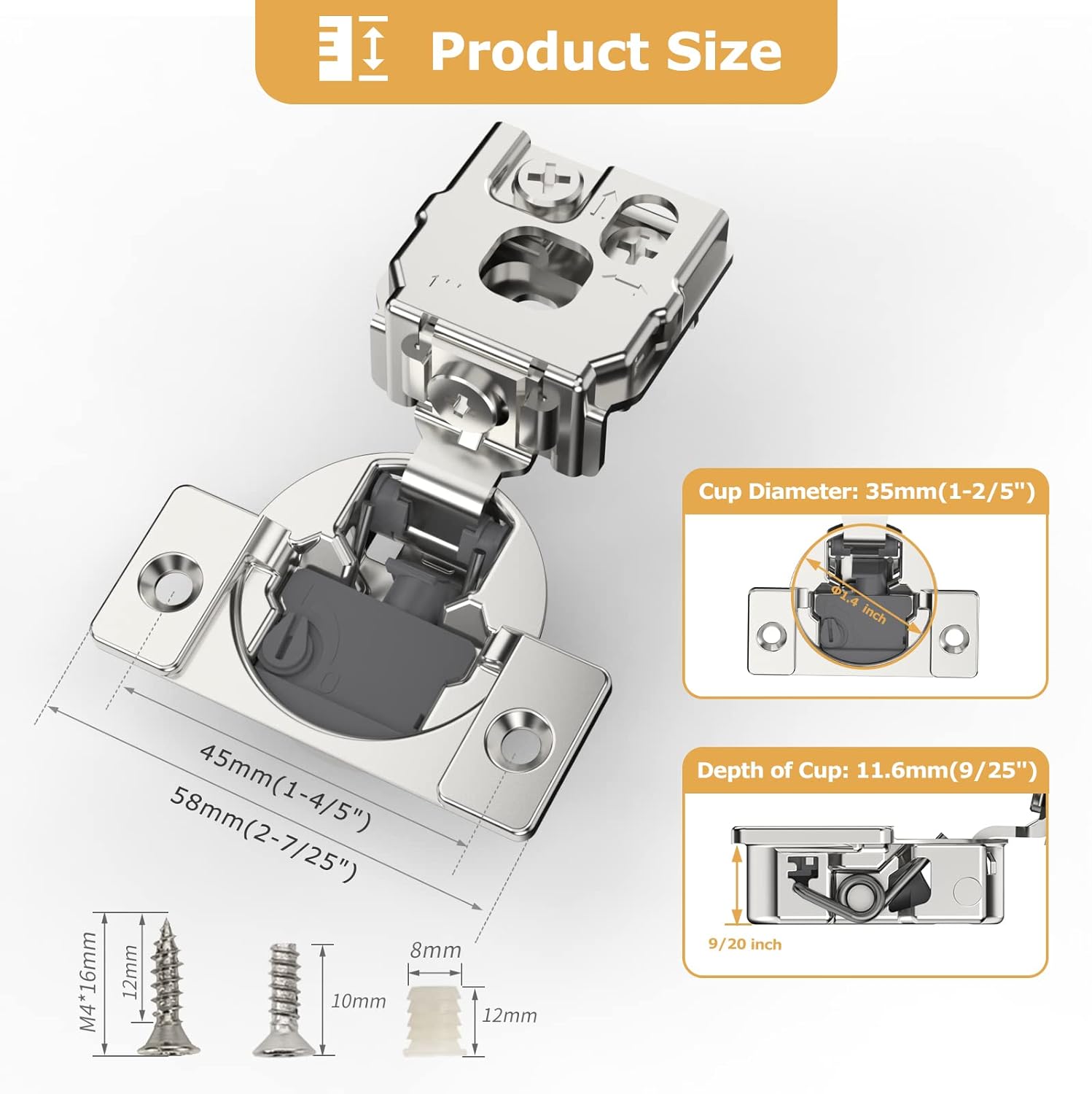 Furniware 105-Degree 1 Inch Closing Speed Control Overlay Soft Close 4D Adjustment Cabinet Hinge - Furniware