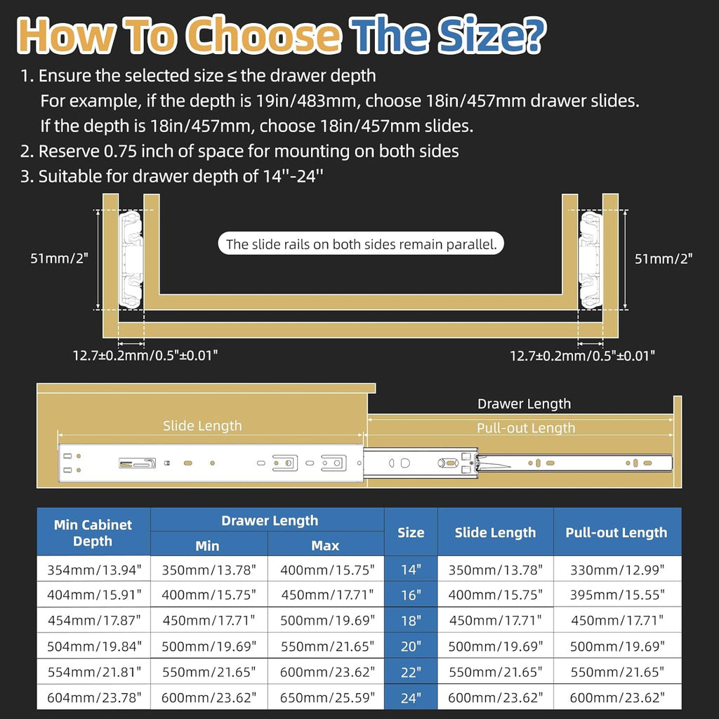 Furniware 1 Pair 165 LB Capacity Drawer Slides Side Mount Full Extension Ball Bearing Drawer Glides, Quiet Cabinet Rail - Furniware