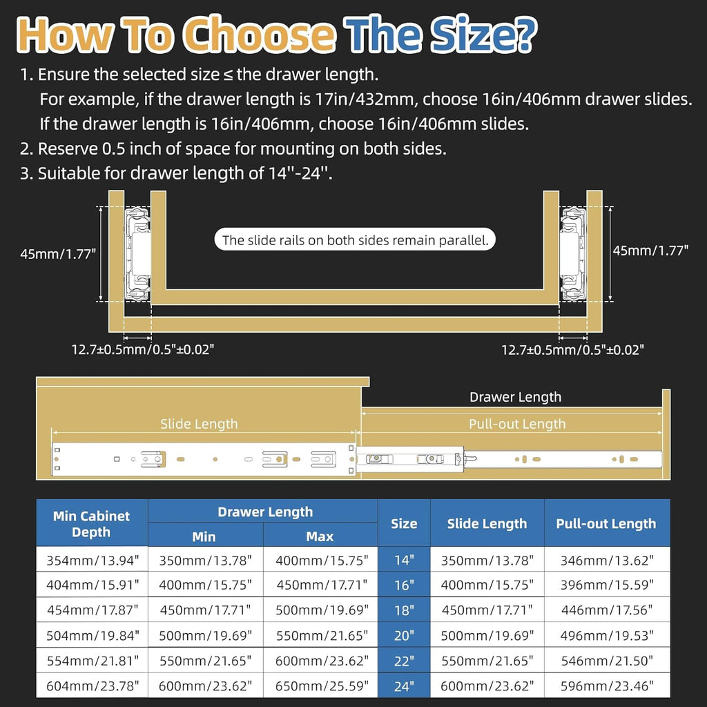 Furniware 100 LB Capacity Soft Close Drawer Slides Side Mount 3 Fold Full Extension Ball Bearing Drawer Glides Quiet Smooth Close - Furniware