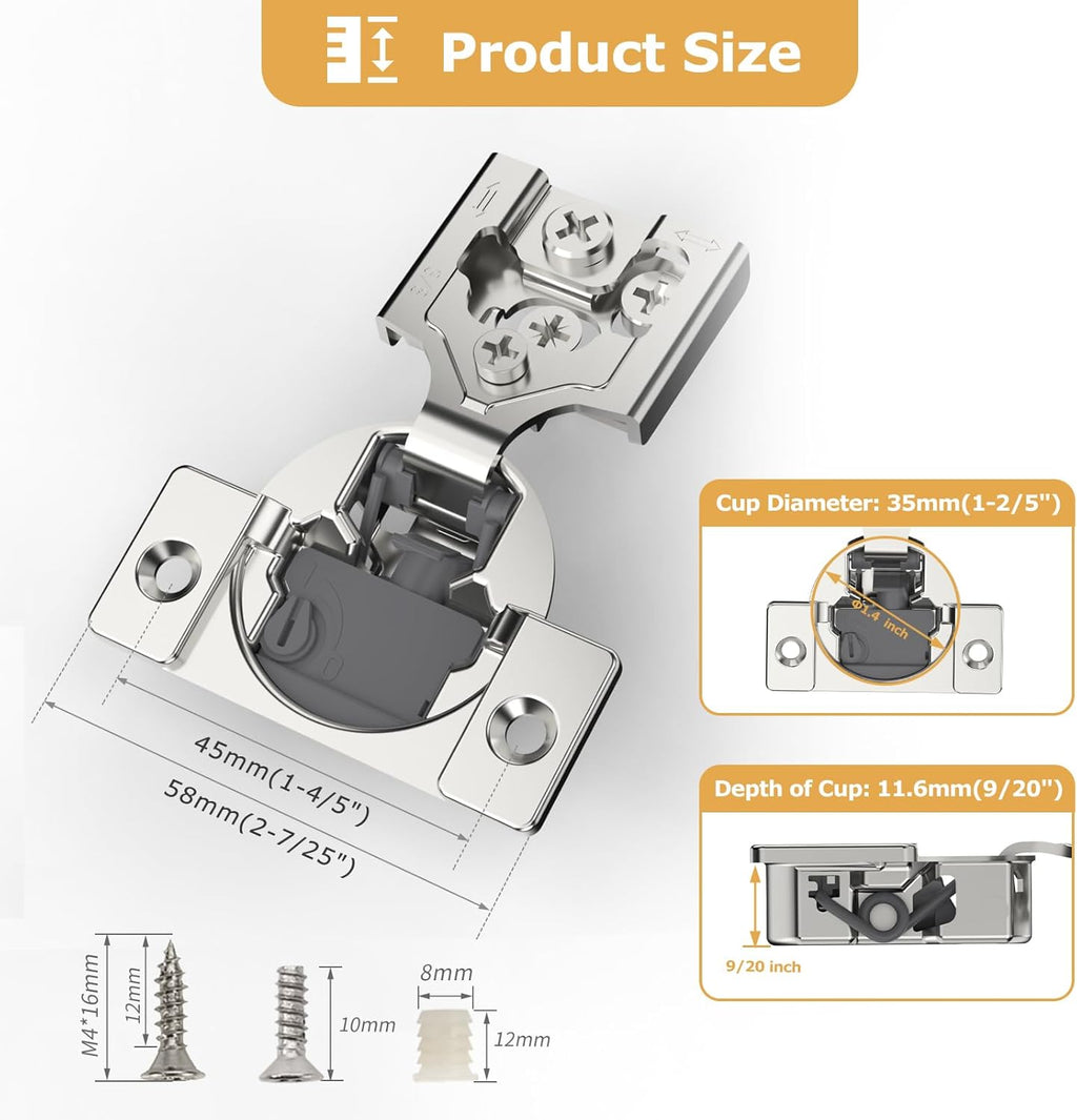 Furniware 105-Degree 3/8 Inch Closing Speed Control Overlay Soft Close 4D Adjustment Cabinet Hinge - Furniware