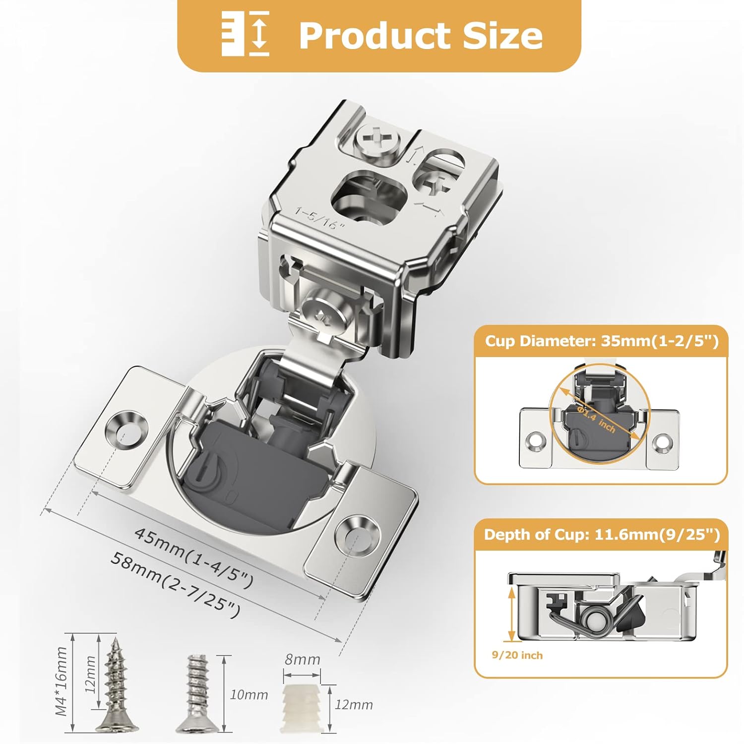 Furniware 105-Degree 1-5/16 Inch Closing Speed Control Overlay Soft Close 4D Adjustment Cabinet Hinge - Furniware