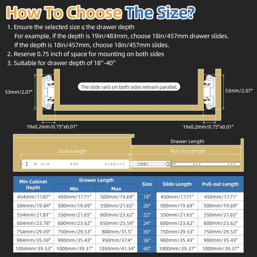 Furniware 1 Pair 265 LB Capacity Drawer Slides Side Mount Full Extension Ball Bearing Drawer Glides - Furniware