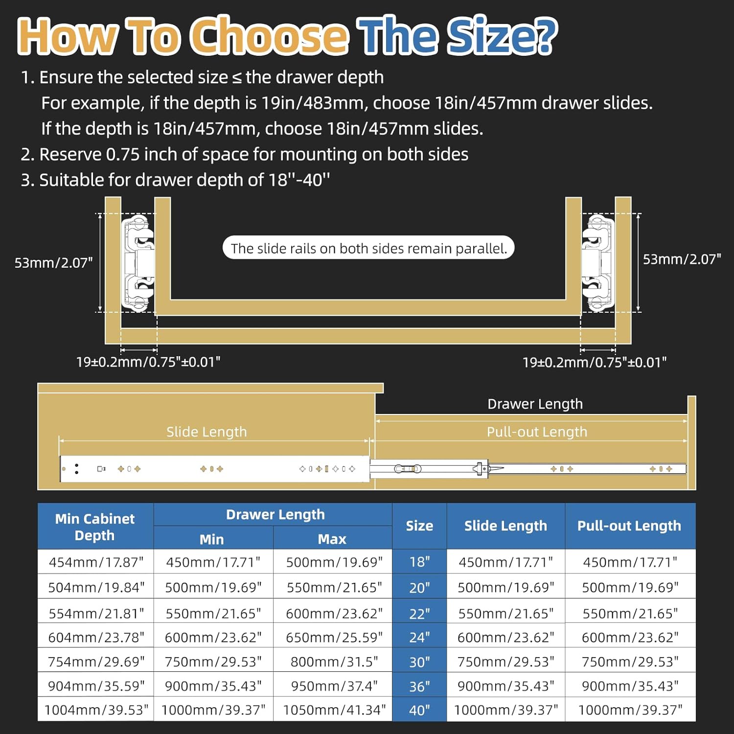 Furniware 1 Pair 265 LB Capacity Drawer Slides Side Mount Full Extension Ball Bearing Drawer Glides - Furniware