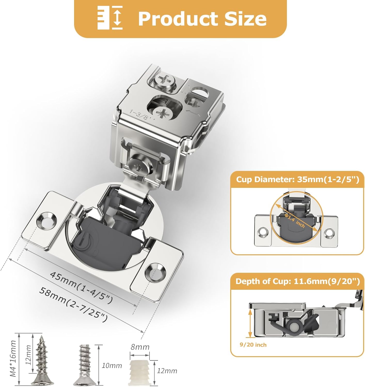 Furniware 105-Degree 1-3/8 Inch Closing Speed Control Overlay Soft Close 4D Adjustment Cabinet Hinge - Furniware