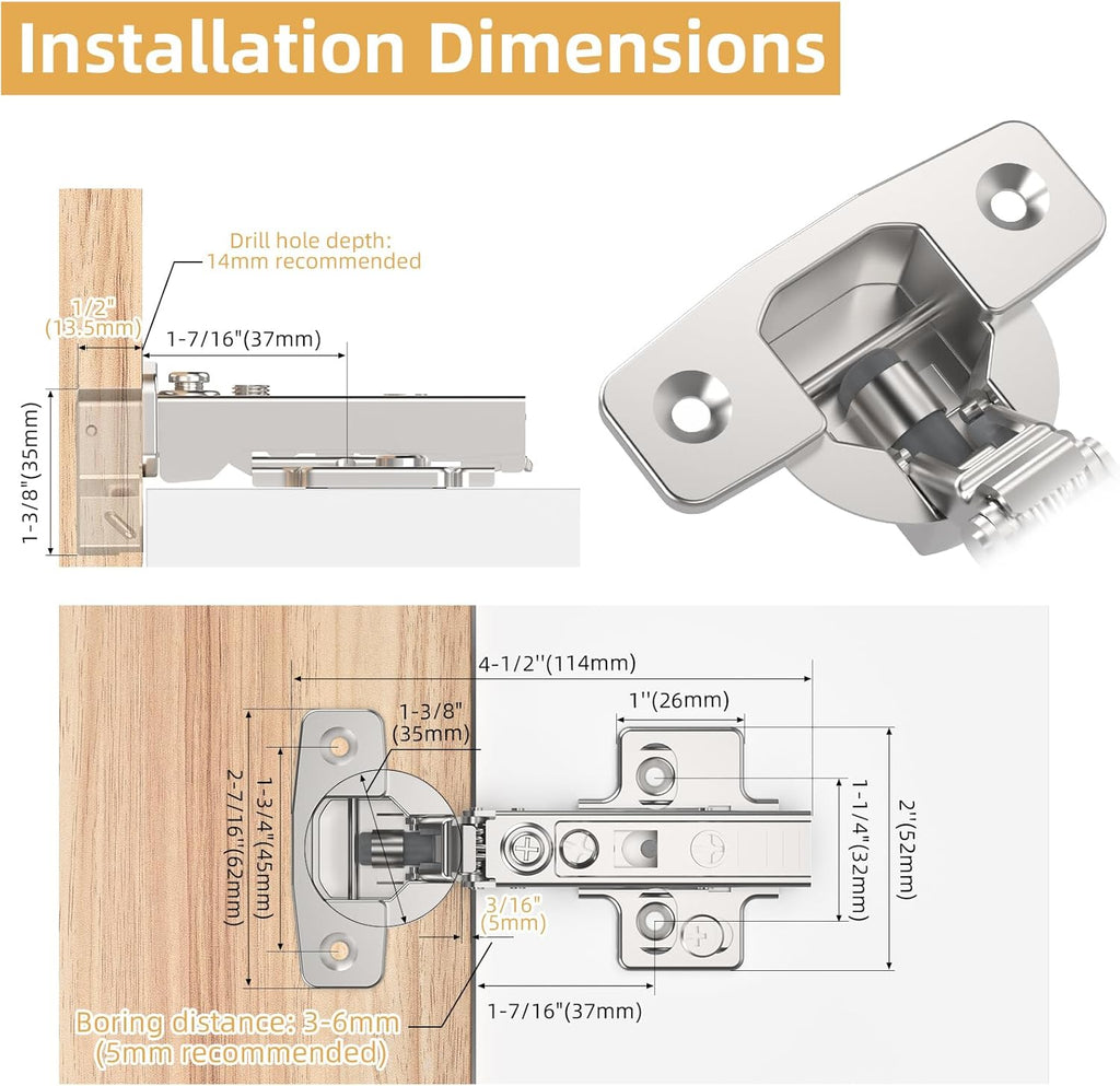 Furniware 45~110 Degree Frameless Full Overlay Soft Close Speed Control 4D Adjustment European Clip-On Cabinet Hinges - Furniware