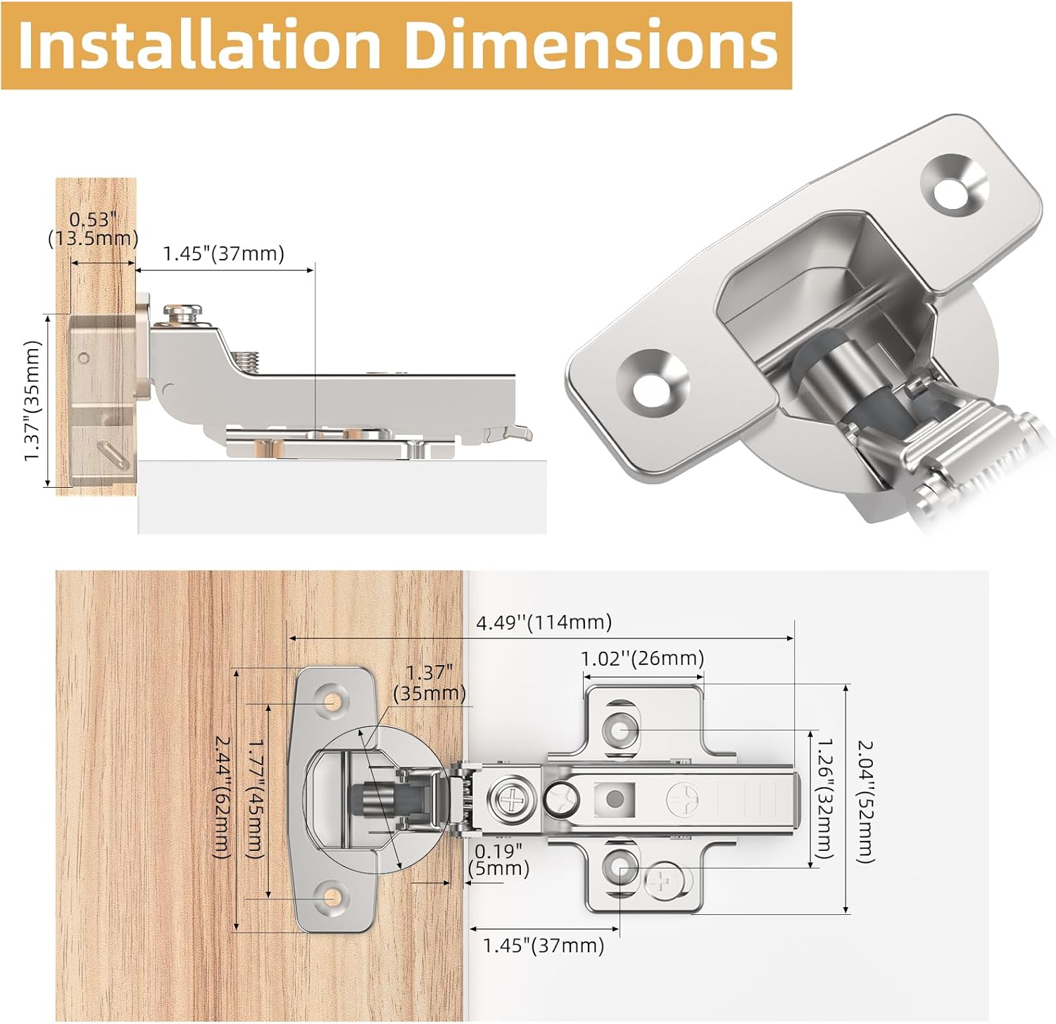 Furniware 45~110 Degree Frameless Half Overlay Soft Close Speed Control 4D Adjustment European Clip-On Cabinet Hinges - Furniware