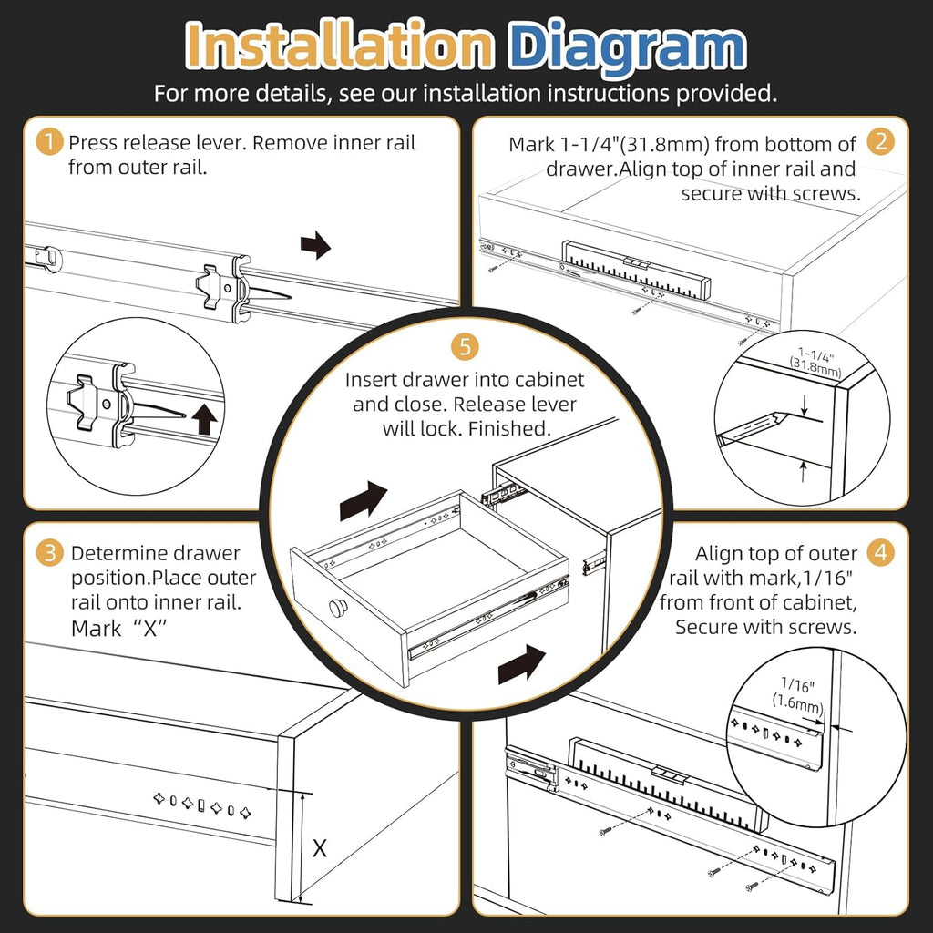 Furniware 1 Pair 265 LB Capacity Drawer Slides Side Mount Full Extension Ball Bearing Drawer Glides - Furniware