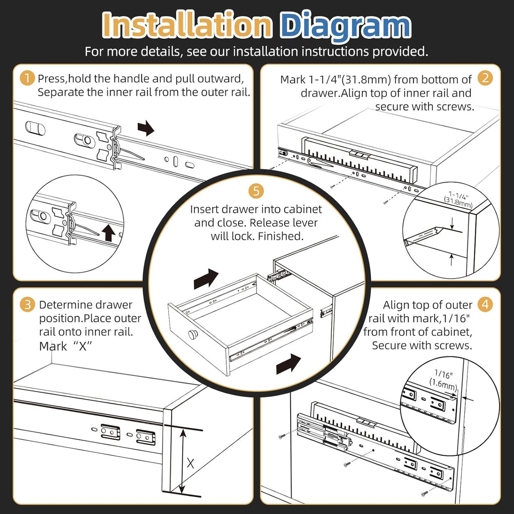 Furniware 1 Pair 165 LB Capacity Drawer Slides Side Mount Full Extension Ball Bearing Drawer Glides, Quiet Cabinet Rail - Furniware