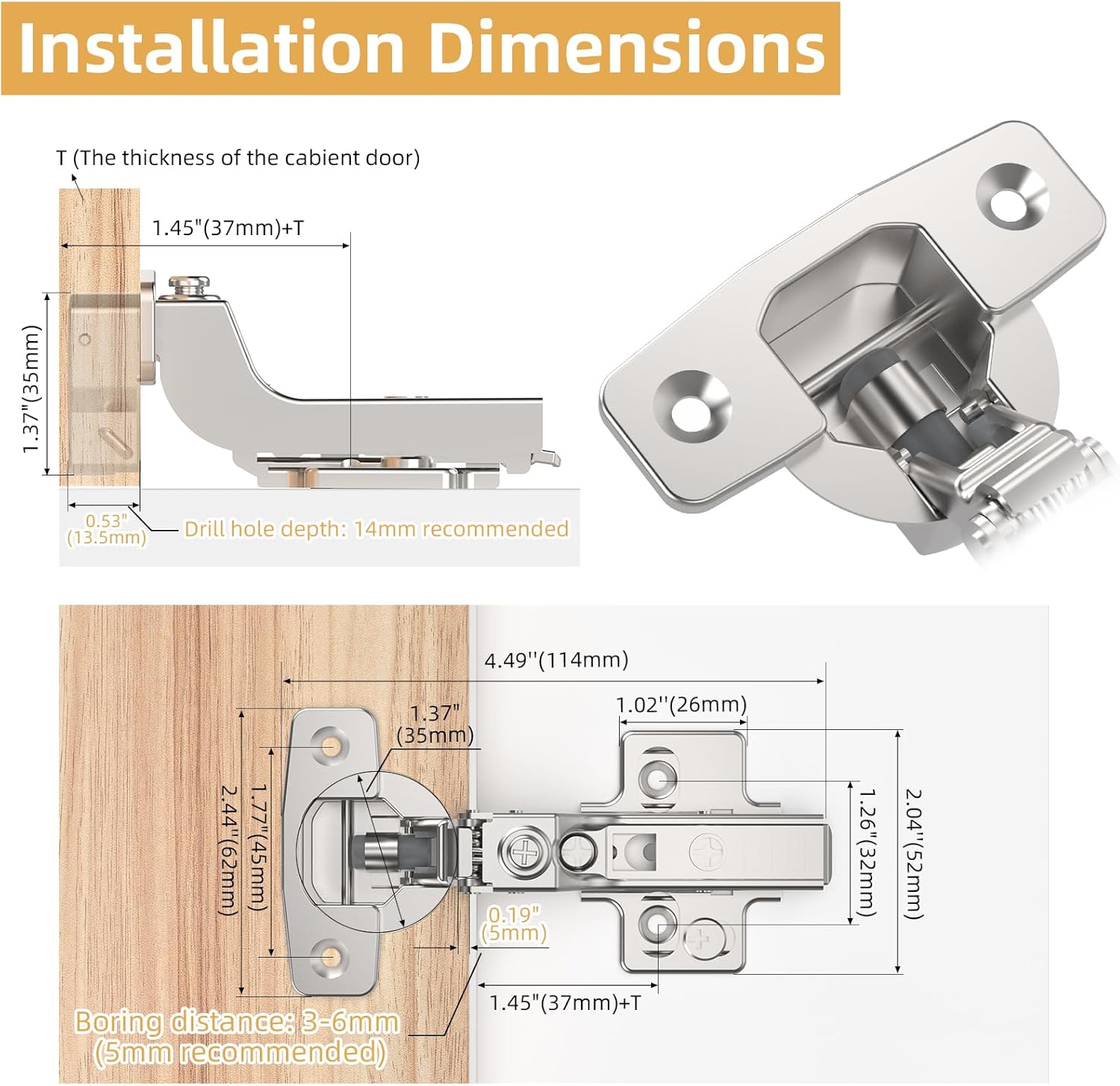 Furniware 45~110 Degree Frameless Inset Soft Close Speed Control 4D Adjustment European Clip-On Cabinet Hinges - Furniware
