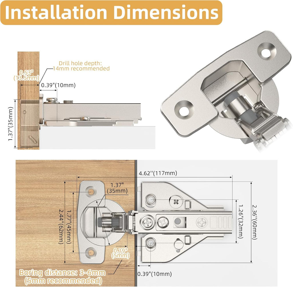 Furniware 45~110° Open Angle Full Overlay Soft Close Speed Control 4D Adjustment Cabinet Hinges for Face Frame & Frameless Cabinet - Furniware