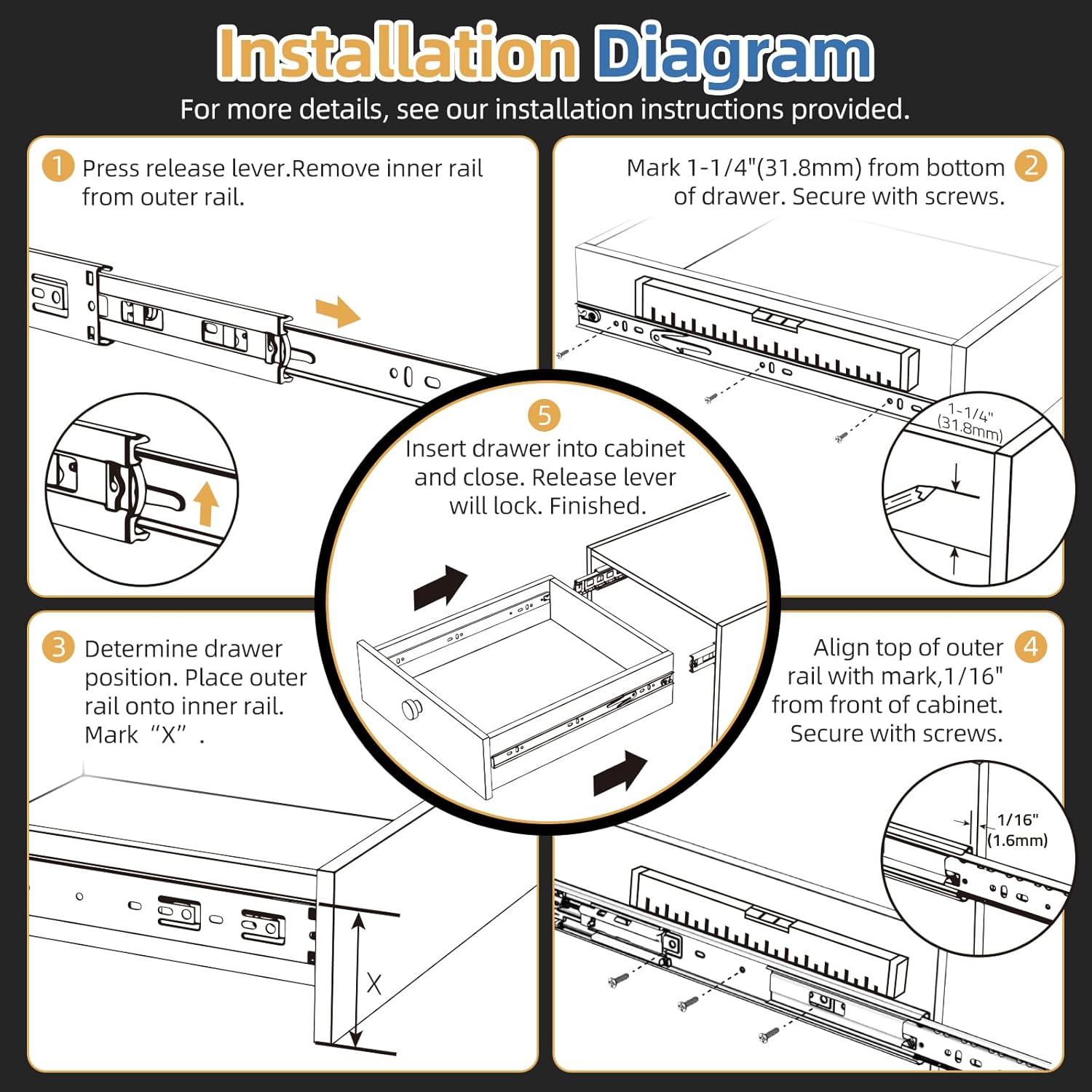 Furniware 100 LB Capacity Soft Close Drawer Slides Side Mount 3 Fold Full Extension Ball Bearing Drawer Glides Quiet Smooth Close - Furniware