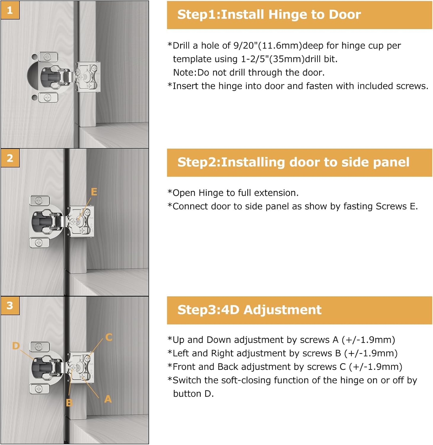Furniware 1/4 Inch 105-Degree Small Overlay 4D Adjustment Soft Close Concealed Face Frame Hinges - Furniware