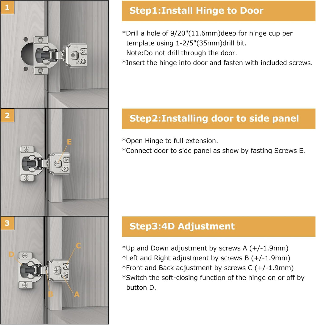 Furniware 1-1/4 Inch 105-Degree Small Overlay 4D Adjustment Soft Close Concealed Face Frame Hinges - Furniware