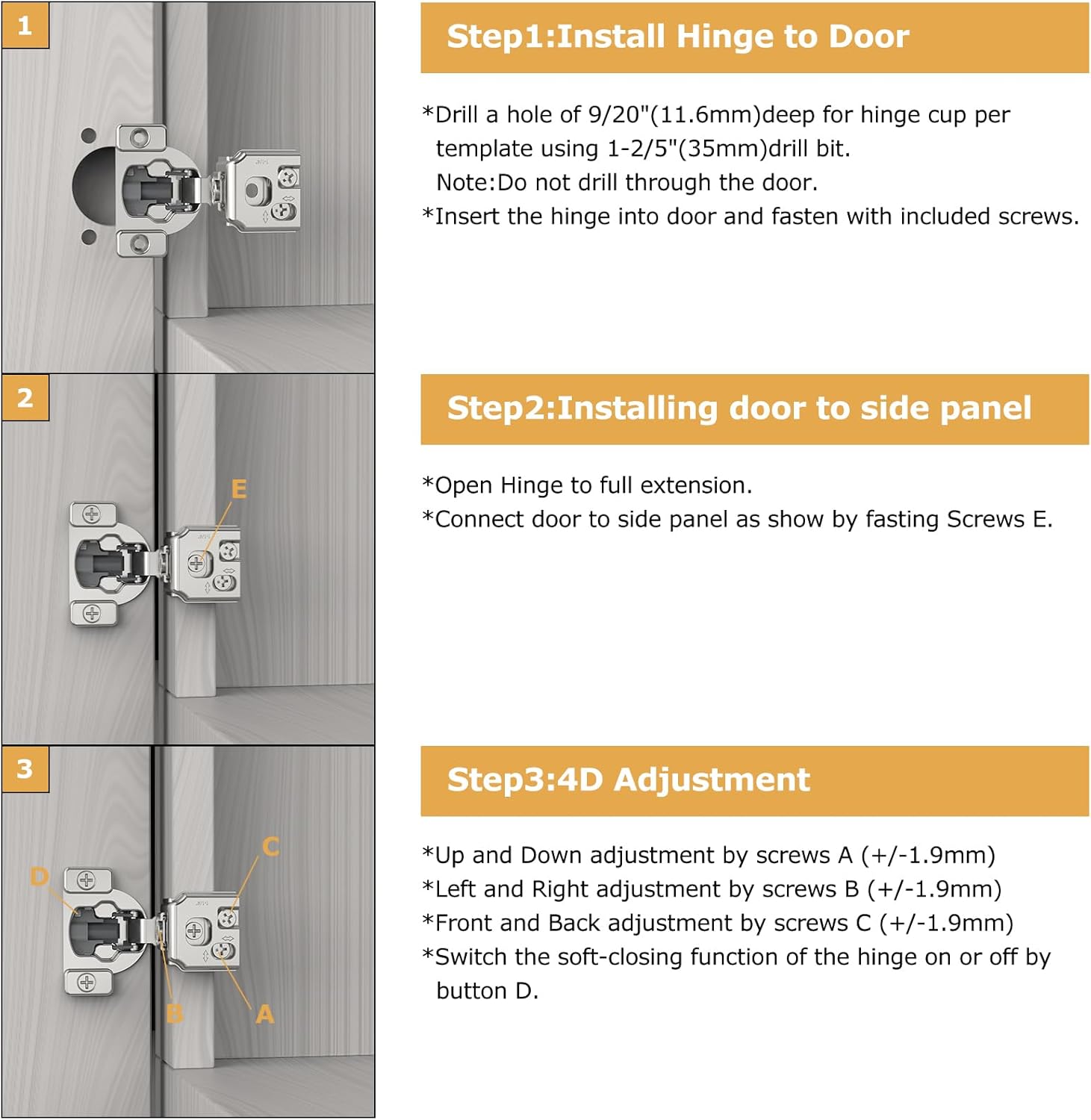 Furniware 1-1/4 Inch 105-Degree Small Overlay 4D Adjustment Soft Close Concealed Face Frame Hinges - Furniware
